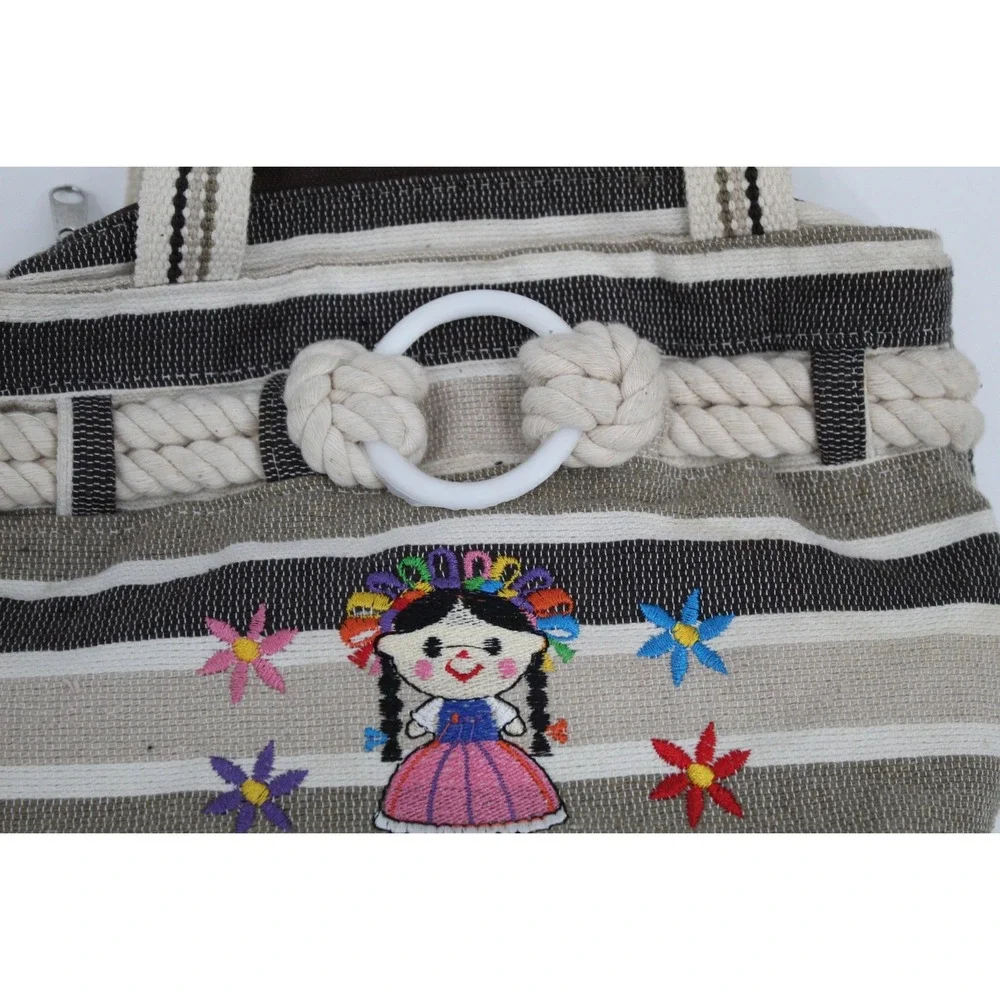 Mexican Artisan Embroidered Lele Doll Striped Tote Bag Kids Brown Cream Woven